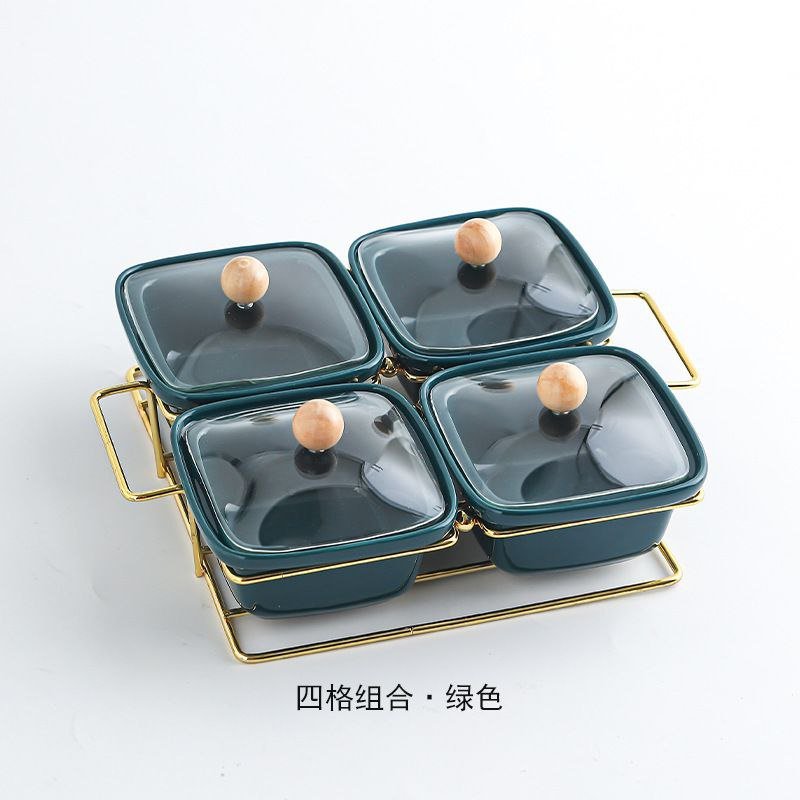 Ceramic Plates with Glass Lid Cover Metal Rack