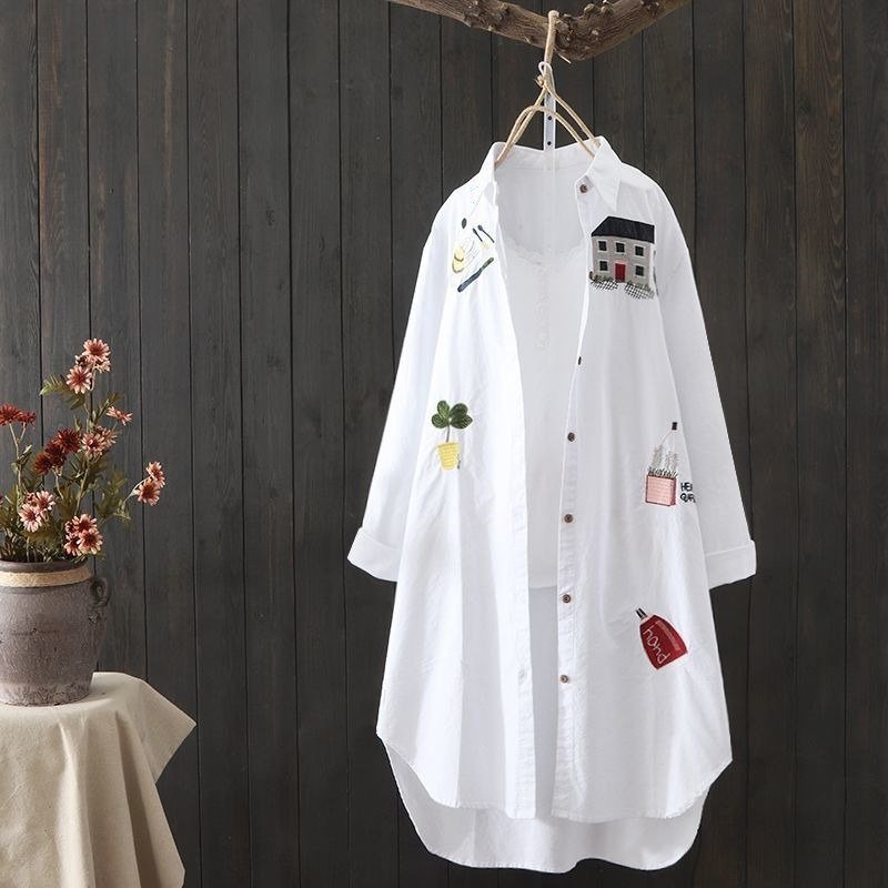 Loose Long Shirt Women Cotton House Embroidery Long Sleeve