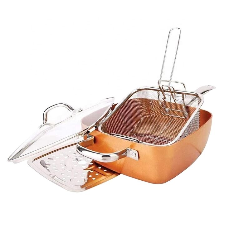 4 Piece set Copper Induction Cooking Pot and Fry Basket Steam Rack